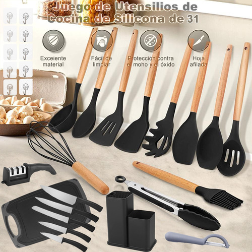 Set De 31 Utensilios De Cocina De Silicona Y Cuchillos