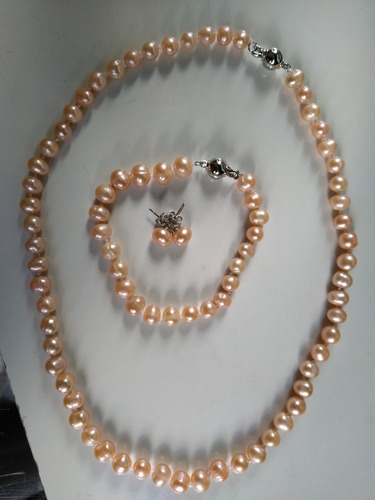 Conjunto Colar +pulseira + Brincos De Perolas Naturais Rosa