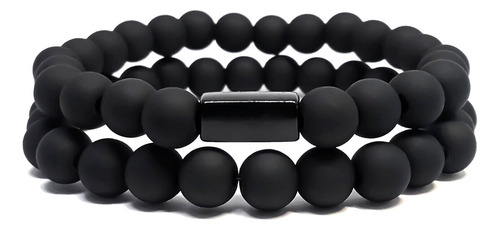 Kit 2 Pulseiras Masculinas Bolinha Preta Fosca Com Berloque