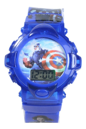 Relógio  Infantil Digital Personagens Vingadores Luz E Som Cor Da Correia Azul -  Capitão América