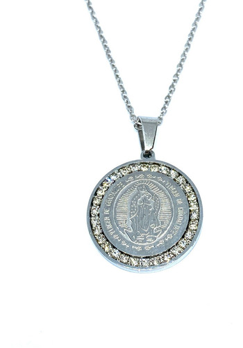 Cadena Y Medalla Virgen Guadalupe 22mm Acero Plateada Piedra