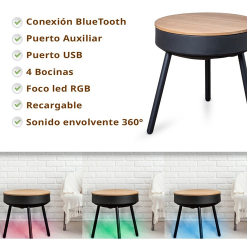 Imagen 3 de 6 de Mesa Auxiliar Carga Inalámbrica Luz Rgb Bocina Alta Calidad
