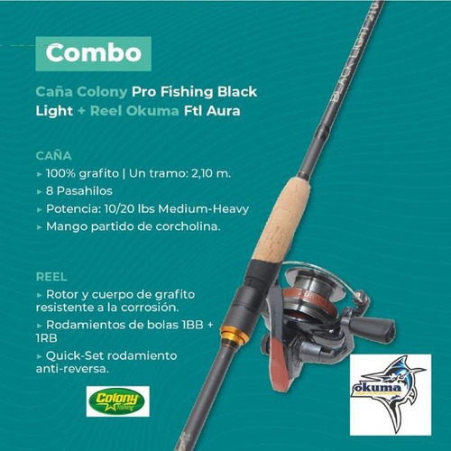 Combo Caña Colony Pro Black Light 2.10mts (2tramos) C Reel