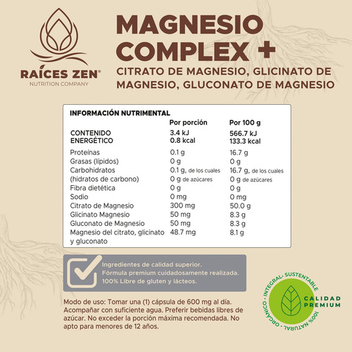 Magnesio Citrato Glicinato Y Gluconato Raíces Zen 120 Cáp Sabor Sin Sabor