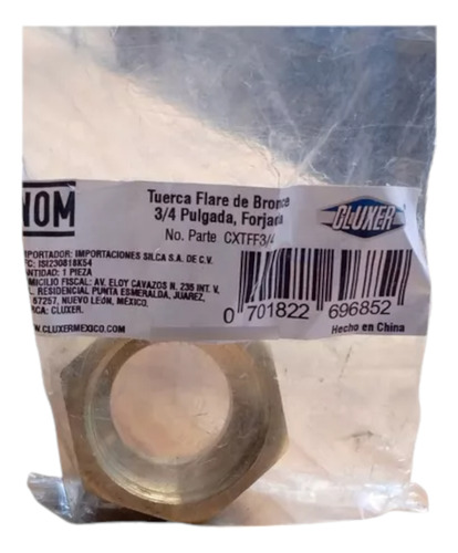 Tuerca Flare De Bronce 3/4 Para Minisplit Aire Acondicionado