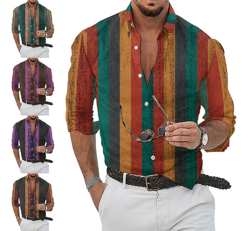 Camisa De Manga Larga A Rayas Con Botones Y Botones Para Hom