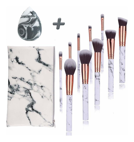 Pinceles De Maquillaje Mármol Set 12 Pcs Cepillos Sint...