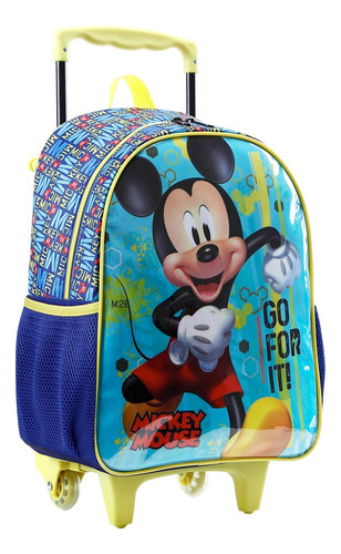 Mochila Mickey Mouse Bolsa Escolar Infantil Rodinhas Disney Cor Azul