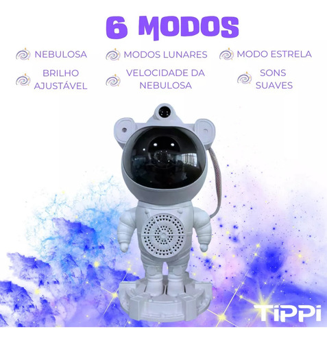 Luminária Astronauta Tippi Com Caixa De Som Bluetooth Projetor De Luz Galáxia Estrelas Cor Branco 127/220V
