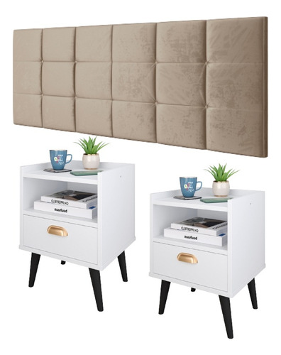 Kit Quarto Casal 2 Mesinhas Cabeceira King Size Rápido Cor Branco | Bege Suede