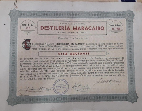 Dificil Titulo Accion S.a. Destileria Maracaibo 1940.