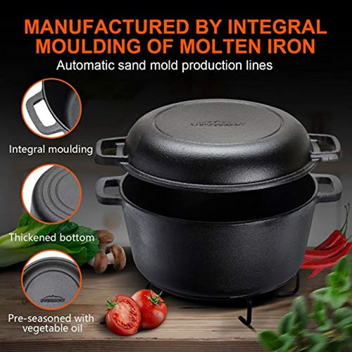Overmont Dutch Oven - Cacerola De Hierro Fundido De 5 Qt + T