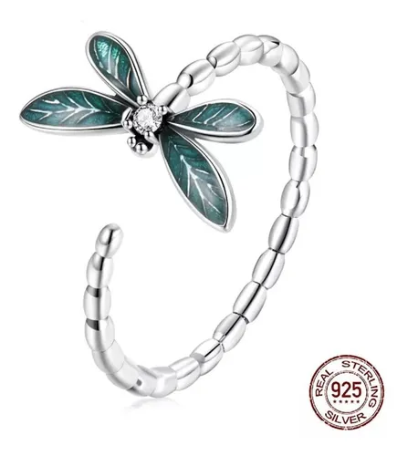 Anillo Plata 925 Ajustable Libélula Verde Joyas Regalo Mujer