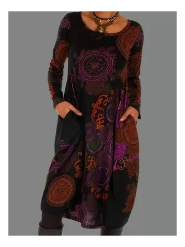 Vestido Estilo Étnico Estampado Con Jersey Otoño E Invierno