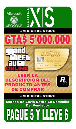 Imagen 1 de 2 de Gta V Online Dinero 5.000.000 Xbox One + 15.000 De Rp