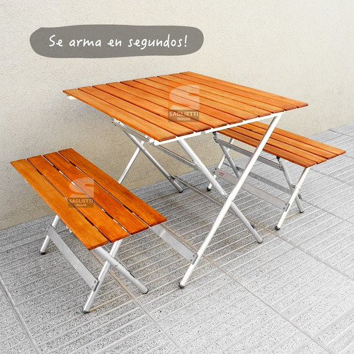 Mesa Plegable Aluminio Madera 84x75 + 2 Bancos Largos Jardin