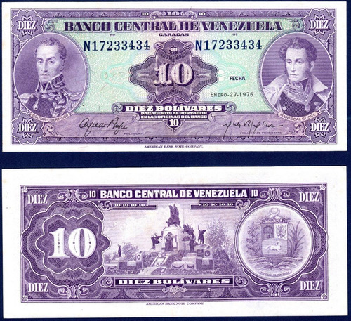 10 Bolívares N8 Enero 27 1976 Simón Bolívar Y A. J. De Sucre