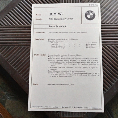 Bmw B.m.w. 700 Limusina Y Coupé Ficha Técnica. Sistema Eléct