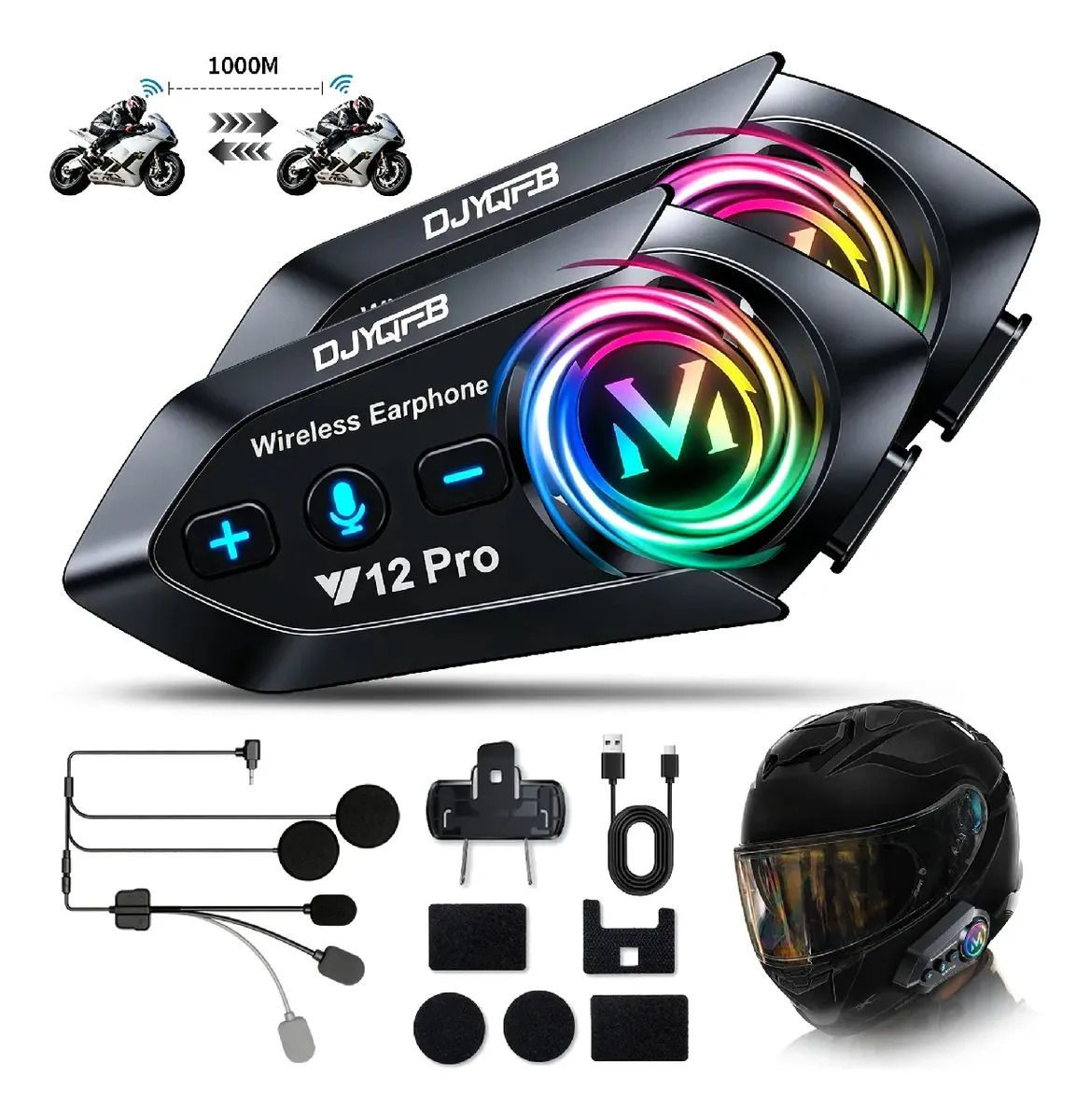 2 Pcs Y12Pro Audífonos Para Casco De Motos con Intercomunicador Bluetooth 5.4 IPX6 1000m