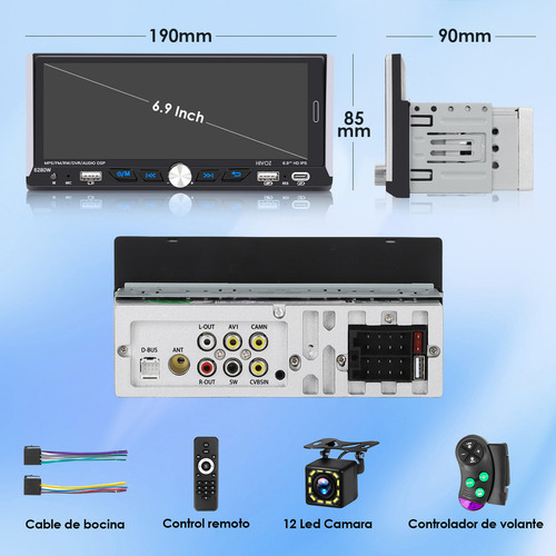 Autoestereos Pantallas Hoviz Auto Estéreo 1din Ips Hd Inalámbrico Carplay Android Auto Bt Fm Rds Rca Negro Estereo Pantalla 6.9 Pulgadas Reproductor Multimedia Auto Pantalla Para Auto H30