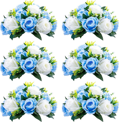 Flores Artificiales 15 Cabezas De Rosas Azul Y Blan Pack 6u.