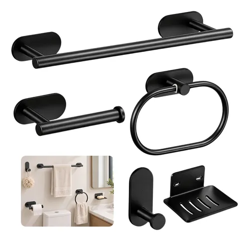Kit 5 Peças Porta Toalha Inox 304 Sem Furo Adesivo Banheiro Preto