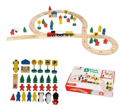 Pista De Tren De Madera Juego 48 Piezas + Locomotora