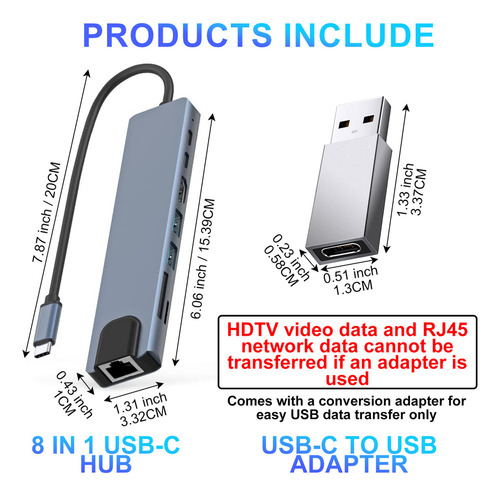 Jsj Adaptador Multipuerto Hdmi Hub Usb-c Con Ethernet 8 En