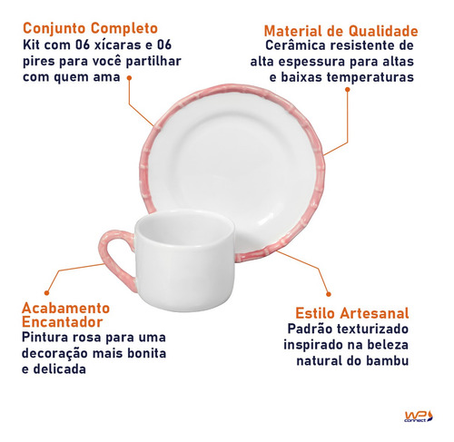 Kit Louça 6 Xícaras E 6 Pires Para Café Cerâmica Bambu Rosa