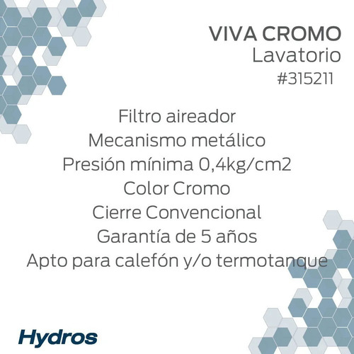 Imagen 5 de 7 de Griferia Lavatorio Hydros Canilla Baño Viva Cromo Metal