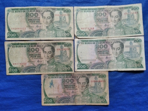 5 Billetes De 200 Pesos Cafeterito, Año 1975, Estado 5, 