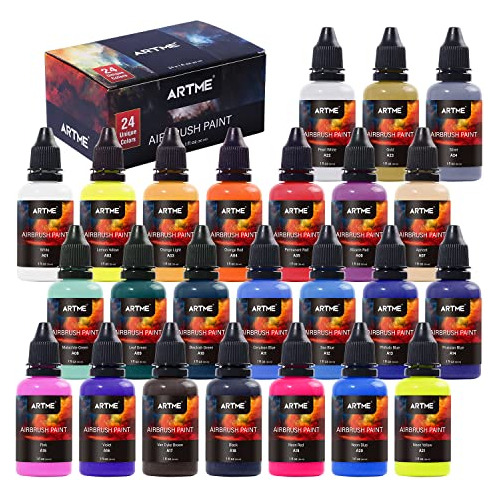 Set De Pintura Airbrush, 24 Clrs Metálicos, Neón Y Acrílicos