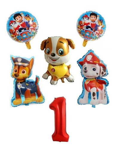 5 Globos Paw Patrol Grandes + Globo Número 1 Color Rojo