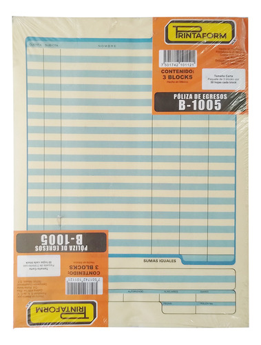 Poliza Egresos Carta Printaform B1005, Paq/3 Blocks 50hojas