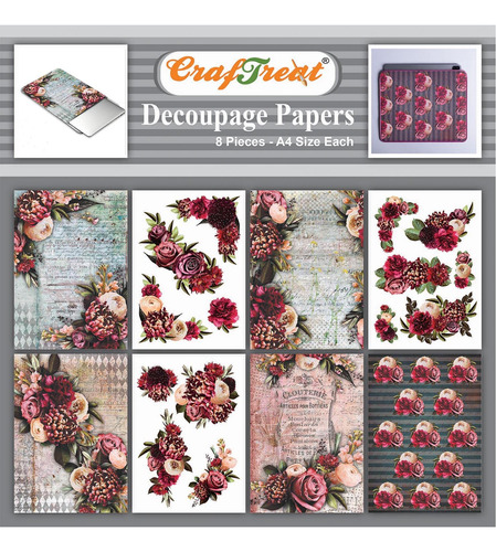 Craftreat Papel Decoupage Floral Para Muebl Decoativa 4 A4 X