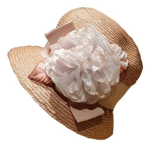 Imagen 2 de 4 de Sombrero De Rafia Moderno Cloche Rosa Pastel Y Flor Lateral