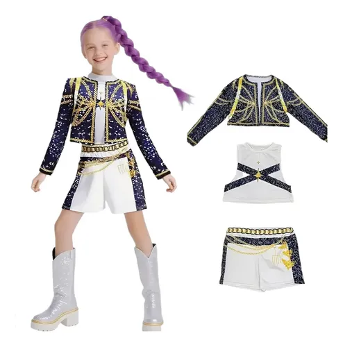 Jackolume Disfraz De Cosplay Rumi – Conjunto Completo Con Ombliguera, Pantalones, Cadena Dorada Y Colgante, Estilo K-Pop Para Niñas 4-10 Años, Ideal Para Halloween Y Actuaciones Escénicas