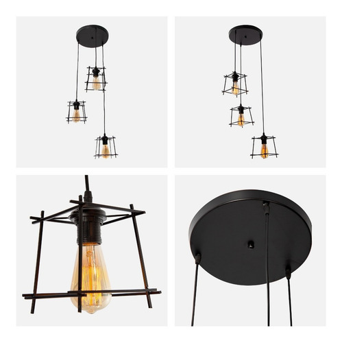 Lámpara Colgante Vintage Negro Mate 60w E27 3 Luces