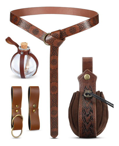 Cinturón Medieval Vikingo Con 6 Botellas De Cuero