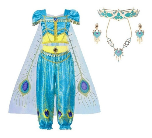 Imagem 1 de 5 de Fantasia Princesa Jasmine Aladim Coroa Brinco Colar Carnaval