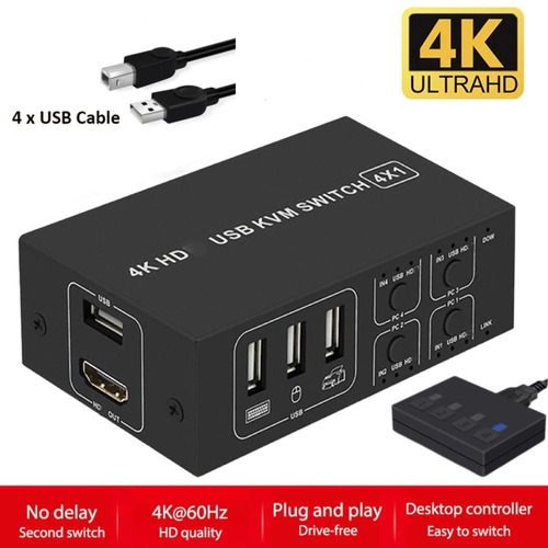 Chaveador Kvm Hdmi 2.0 4x1 Usb 4k X 2k 60hz Hdcp 2.2 Win Mac