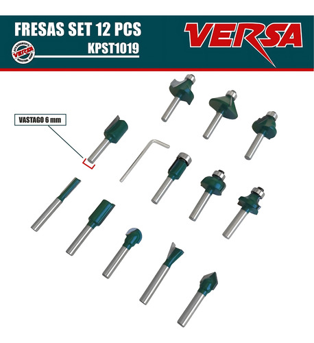 Set De 12 Fresas Router Madera Para Fresadora Eje 6mm Versa