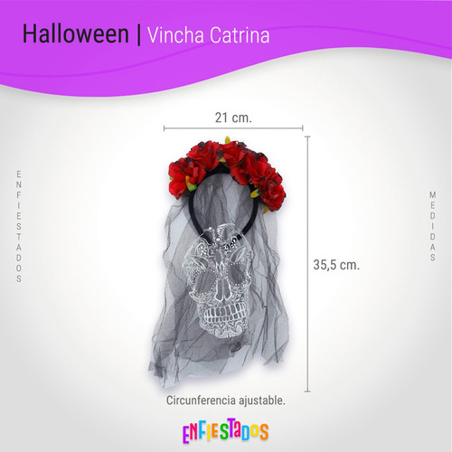 Vincha Catrina Con Velo Y Flores Calaca Cotillon Halloween Rojo Y Negro