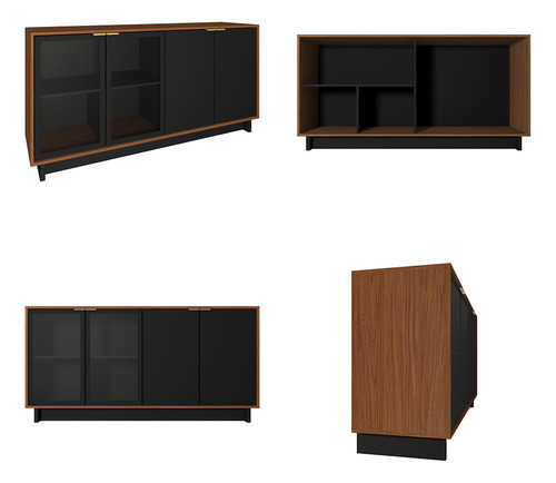 Conjunto Cristaleira Com Led E Buffet Preto Fosco/noce