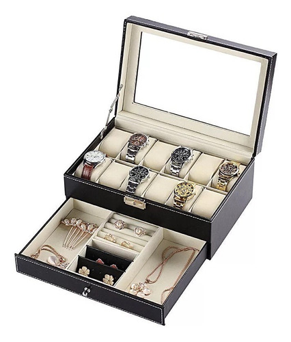 Caja Joyero De 2 Niveles ,almacena 12 Relojes Joyas Y Otros
