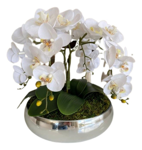 Arranjo 4 Flores De Orquídeas Brancas Vaso Prateado Grande