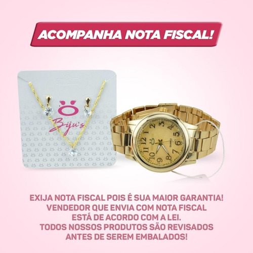 Relógio Feminino Orizom Dourado Original Kit Colar Brincos