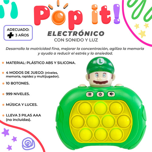 Juguete Pop Its Electrico Sensorial Musica Luces Educativo Verde-mario