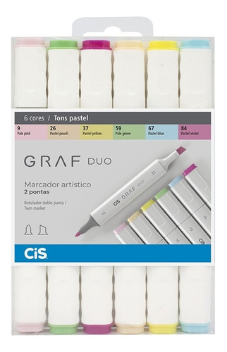 Graf Duo Cis Marcador Artístico 2 Pontas 6 Cores Tons Pastel