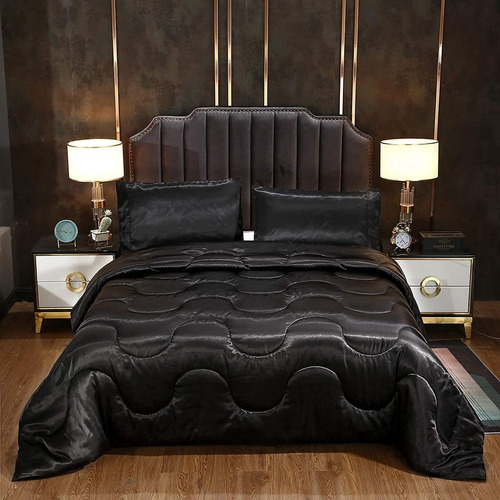Sucses Black Comforter Set Queen Size, Satin Comforter Beddi